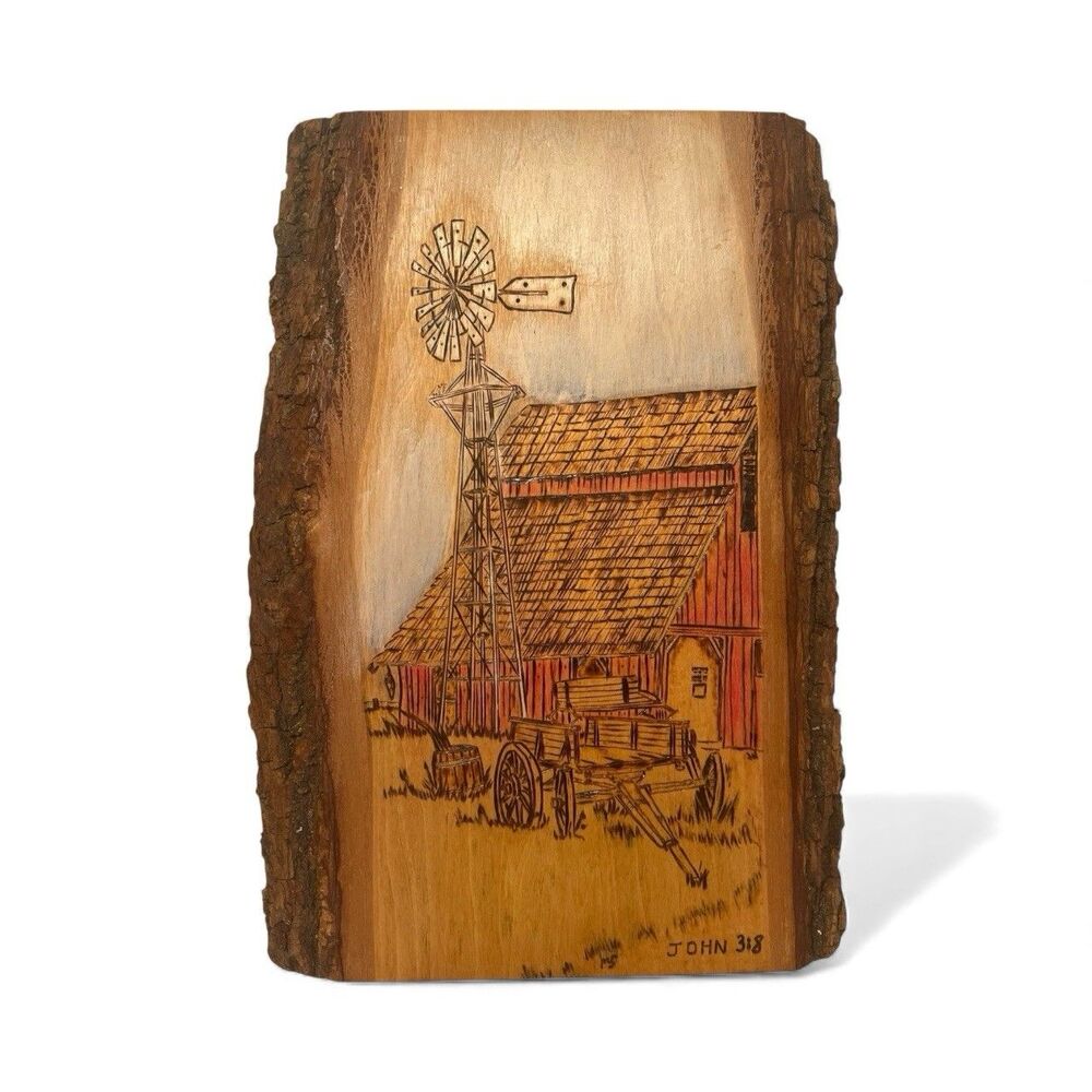 Wood Burning Wall Art Live Edge Rustic Farmhouse Barn Scene Signed Decor Spiess⭐